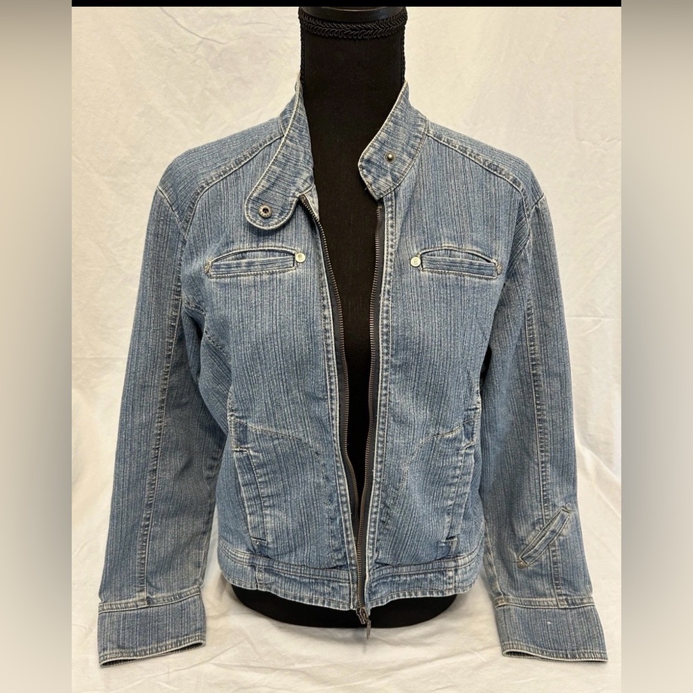 Vintage Bill Blass Jeanswear Collarless Denim Jacket PM Zip Retro Size Petite M
